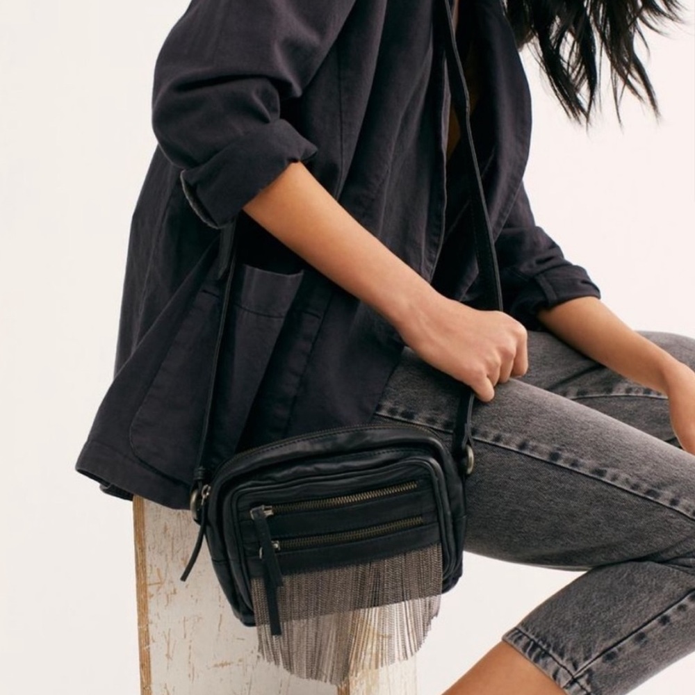 Free People + Crossbody Small Bag with Silver Metal Fringe Genuine Leather